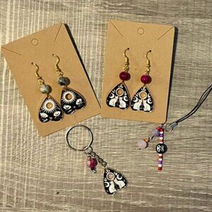 Halloween Earrings, Keychain, Phone Charm Set - Planchette, Ouija, Cat